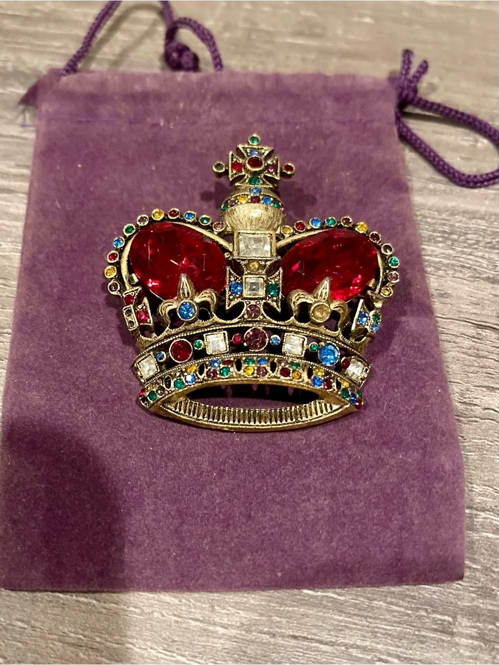 Vintage Crown Statement Brooch with Red Jewel Accents